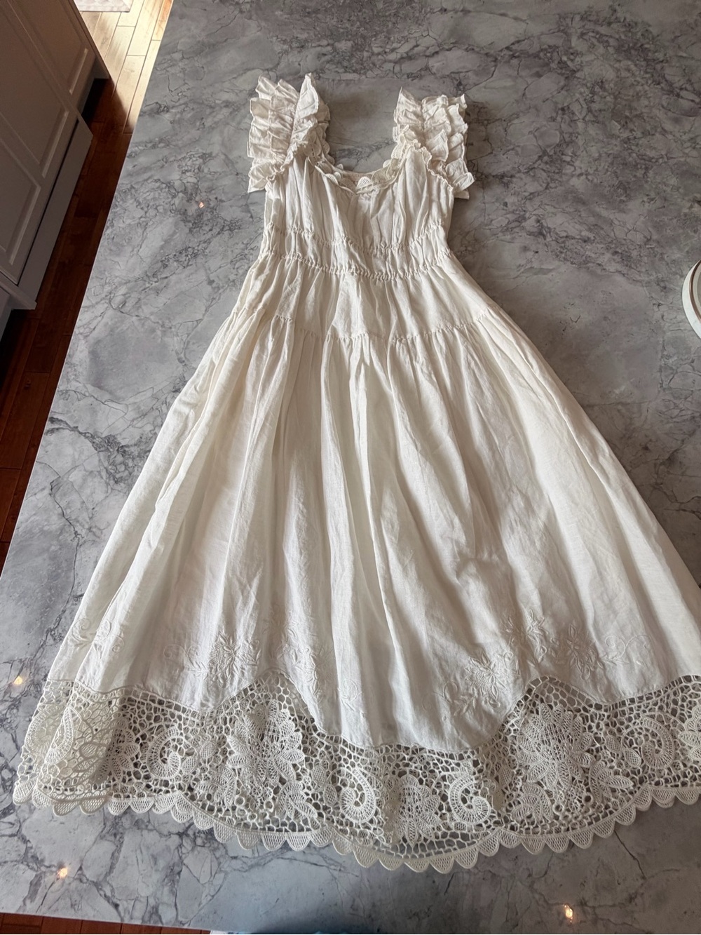 Ulla Johnson Cream Ruffled Strap Maxi Dress with Crochet Hem